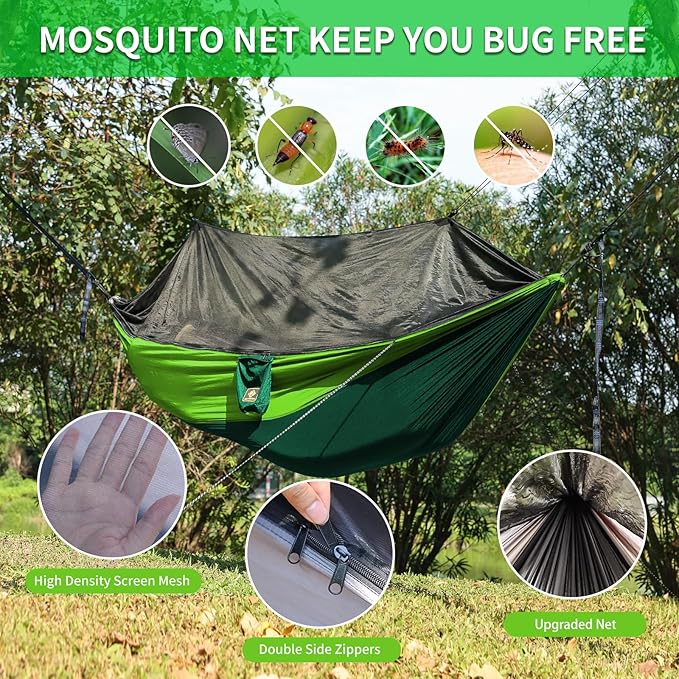 Hammock with Zip-On Mosquito Net, Reversible Nylon, Dark Green