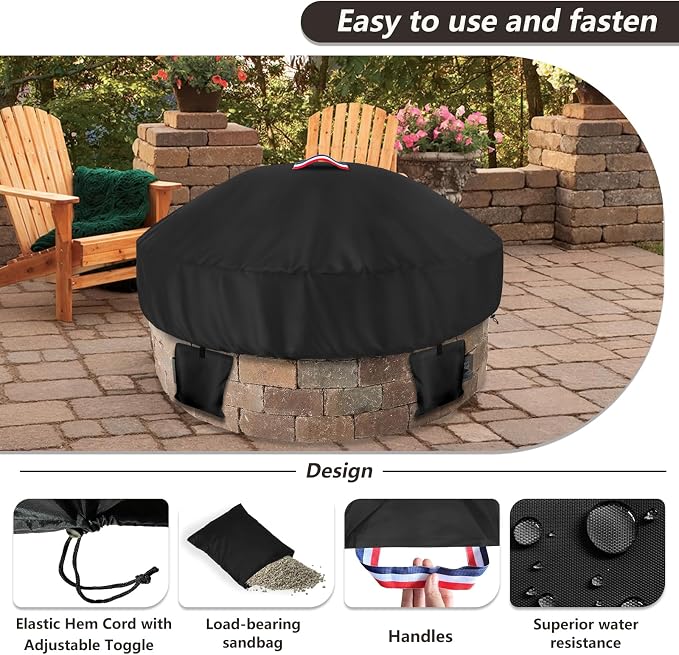 Outdoor Round Built in Stone Fire Pit Cover, Heavy Duty 600D Waterproof Cover - Image 4