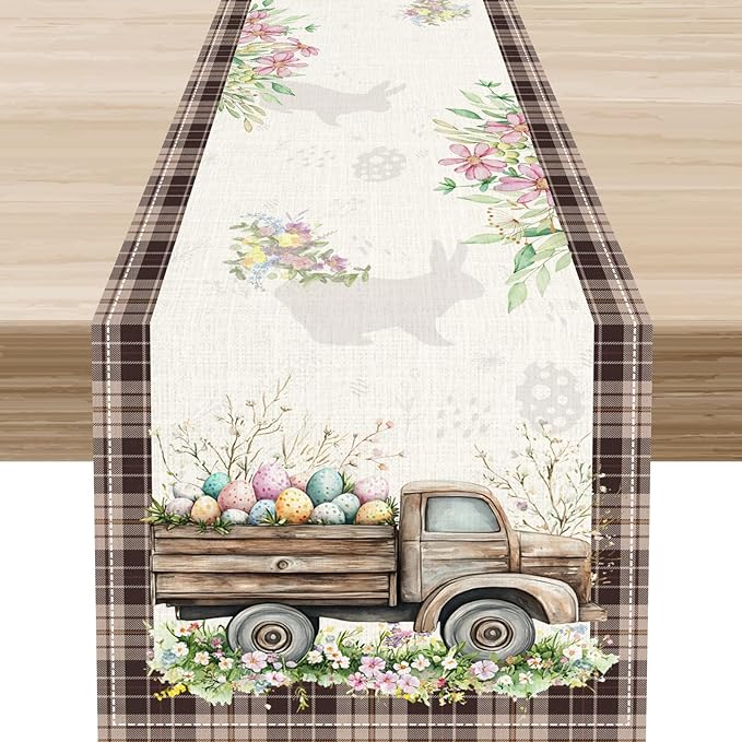 Easter Truck Table Runner, Rustic Brown Plaid Eggs Floral Bunny Spring Summer by Unknown