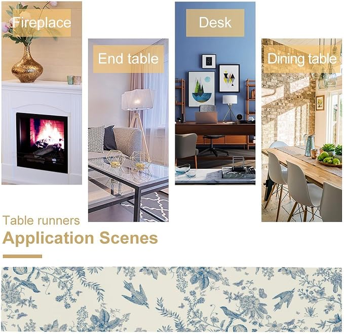 Spring Flower Table Runner, Farmhouse Vintage Blue White Floral Bird Print - Image 5