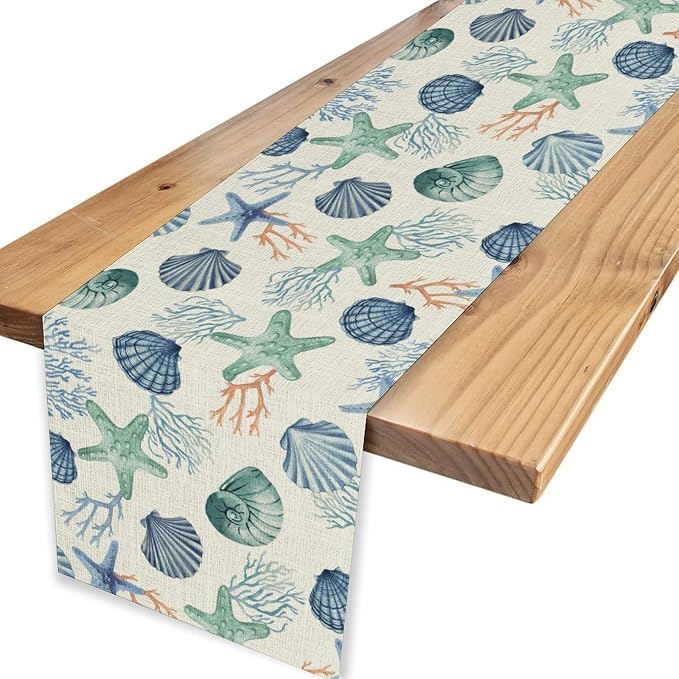 Nautical Table Runner, Summer Coastal Starfish Seashells Coral Tropical Ocean - Image 4