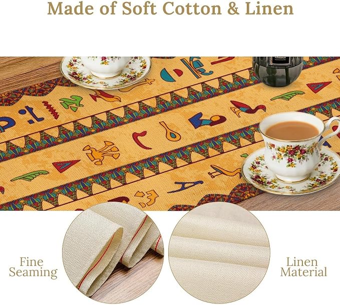 Egyptian Table Runner, Colorful Ancient Egyptian Hieroglyphs Floral Geometric - Image 4