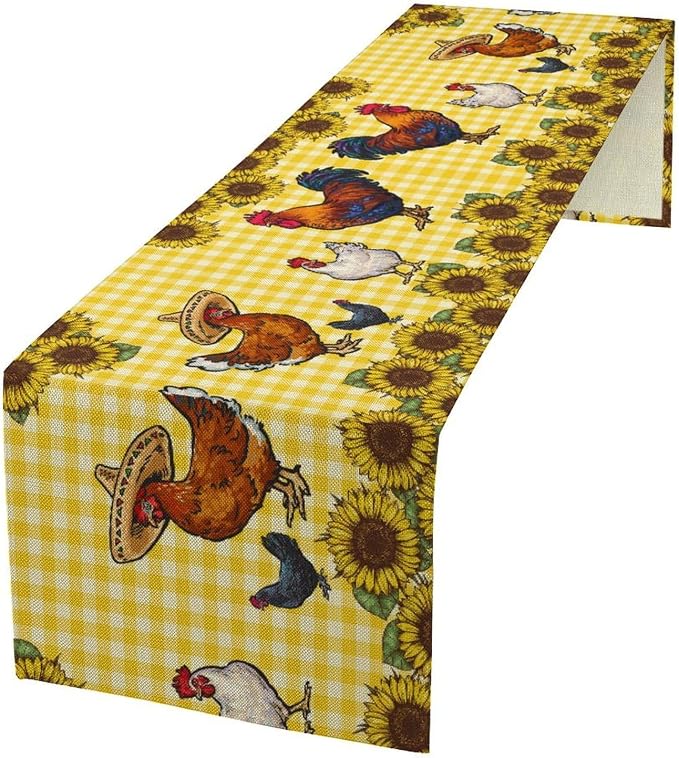 Farm Rooster Table Runner, Retro Western Farmhouse Chicken Sunflower Retro by JanJCurt