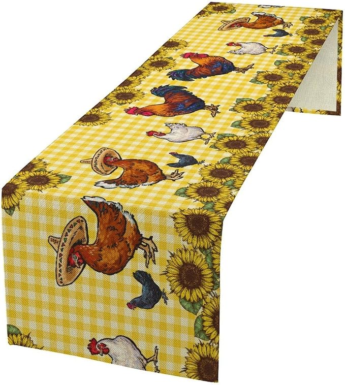Farm Rooster Table Runner, Retro Western Farmhouse Chicken Sunflower Retro by JanJCurt