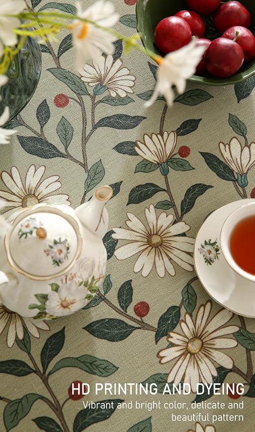 ISAENNE Designer Green Linen Round Tablecloth, Floral French Country Indoor - Image 3