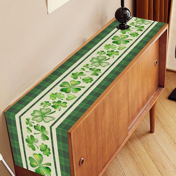 St.Patrick's Day Table Runner, Vinatge Rustic Green Buffalo Plaid White - Image 2