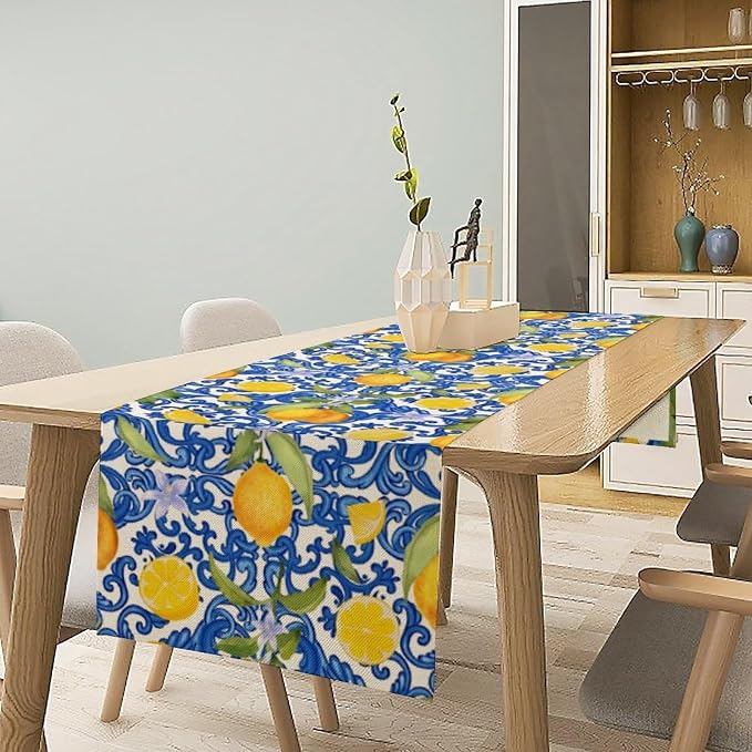 Rustic Lemon Table Runner, Vintage Morocco Blue Mediterranean Spring Summer - Image 2
