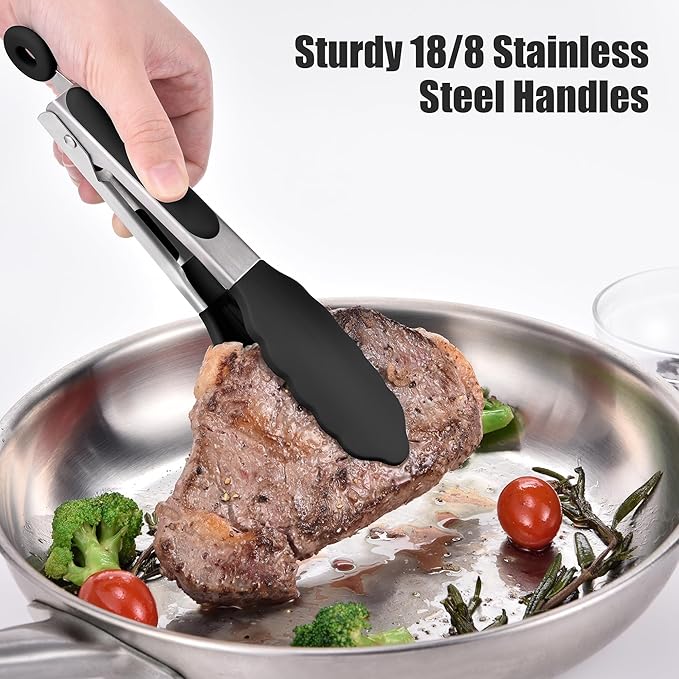 Kitchen Tongs with Silicone Tips, Locking Design, 600°F Heat Resistant