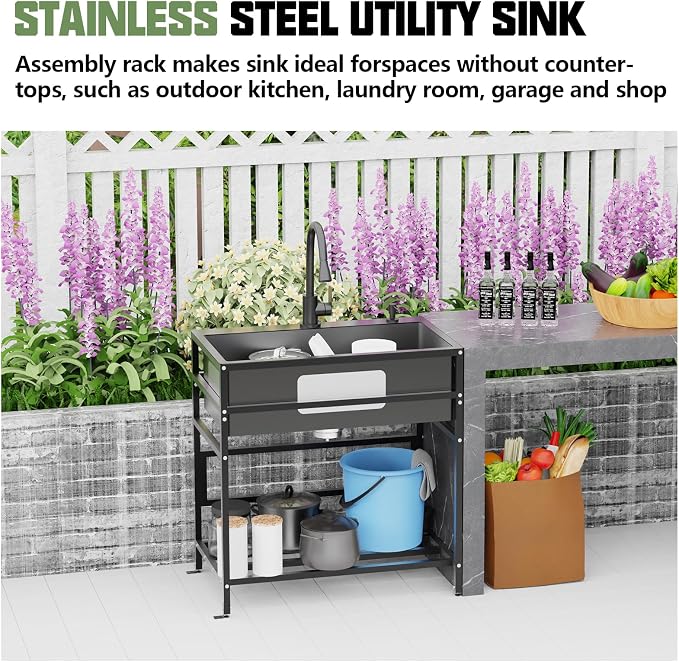 Black 30x18 Inch Freestanding Utility Sink-Stainless Steel Laundry Sink - Image 2