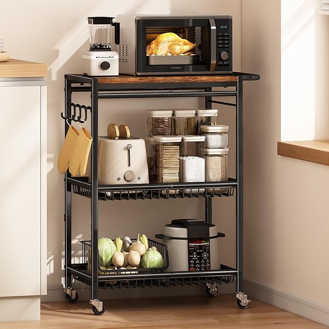 Microwave Kitchen Cart with Push Handle, 3 Tier Rolling Cart with 2 Lockable - Image 7
