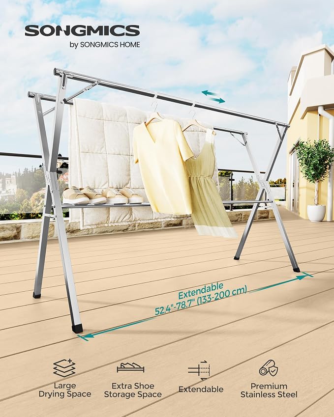 SONGMICS Clothes Drying Rack, Heavy-Duty Laundry Drying Rack, 52.4-78.7 Inches - Image 3