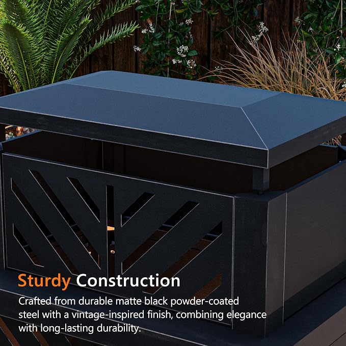 Outdoor Fireplace with Chimney and Wood Storage, Metal Wood Burning Fire Pit - Image 7