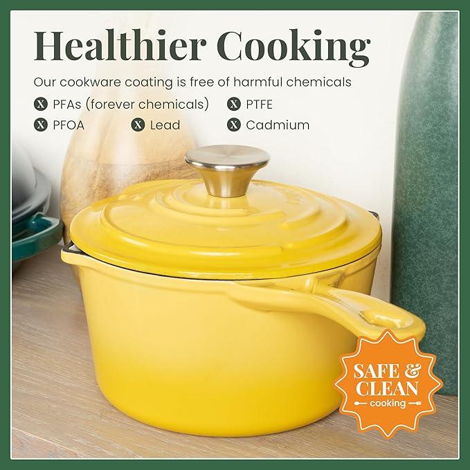 Saucepan with Lid, 2.2 Qt Enameled Cast Iron, Limoncello