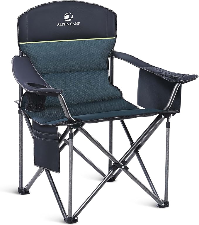 Folding Camping Chair, Green, Padded Oxford Fabric, 450 lb Support