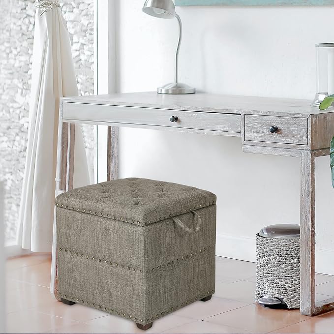 Adeco 18 Inch High Cube Ottoman Storage, Linen Grey Chair Foot Stools - Image 4