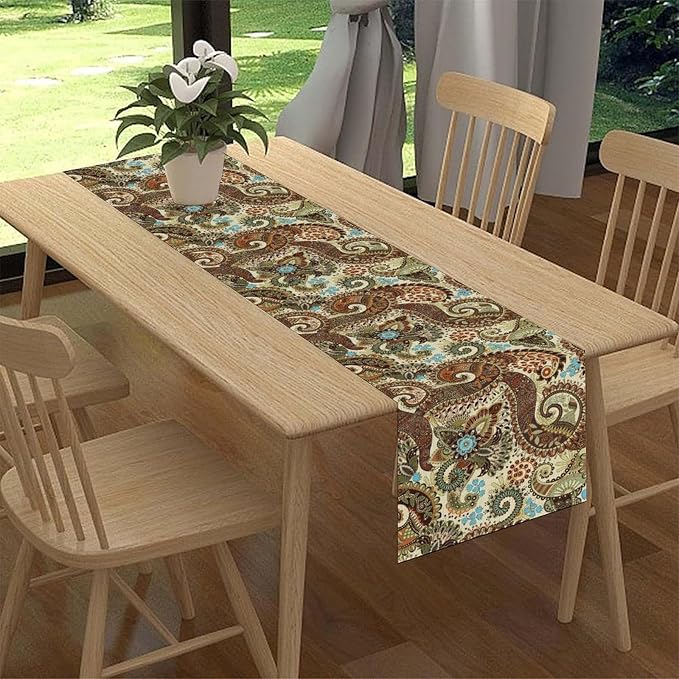 Brown Paisley Table Runner, Rustic Damask Antique Floral Flower Retro Boho - Image 2