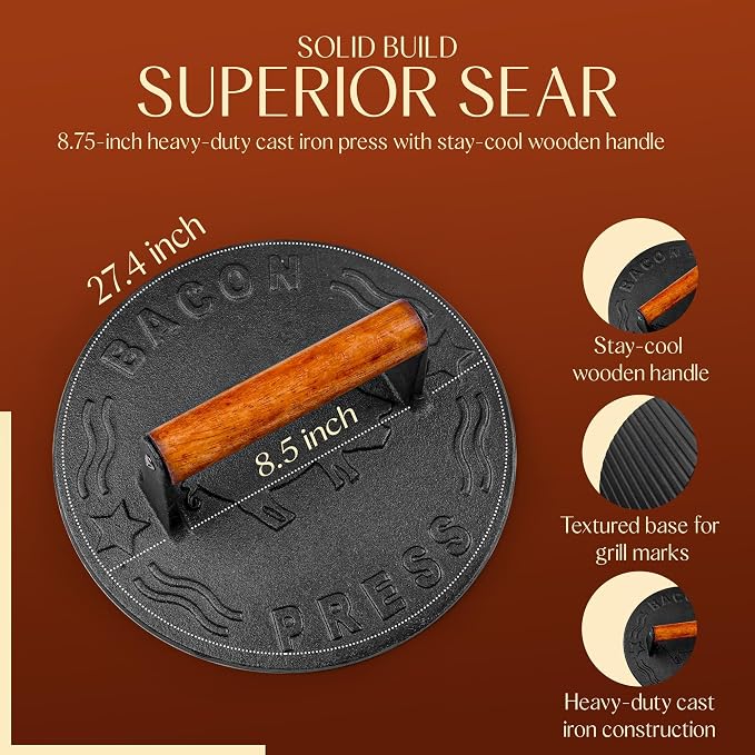 Heavy-Duty Cast Iron Burger Press 8.5 Inch Round Burger Smasher, Grill Press - Image 5