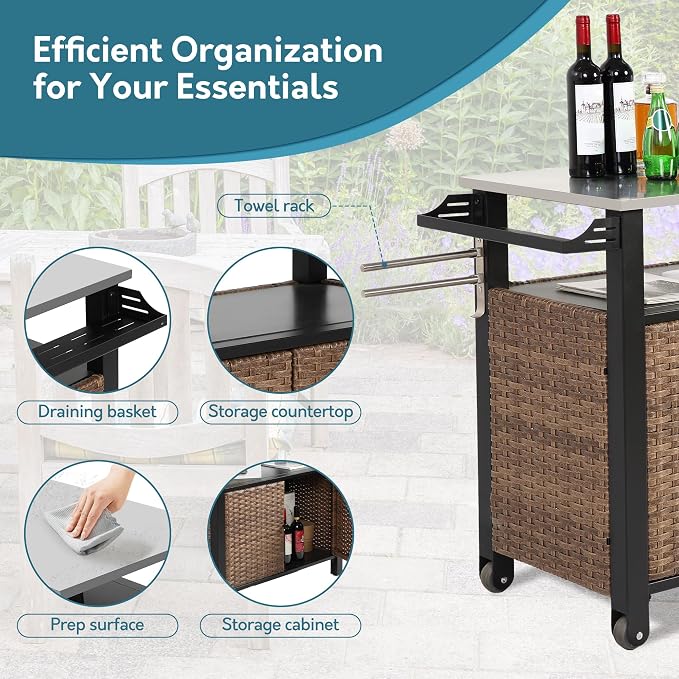 Patio Grill Cart with Wicker Storage, Outdoor Kitchen Island Serving Cart with - Image 2