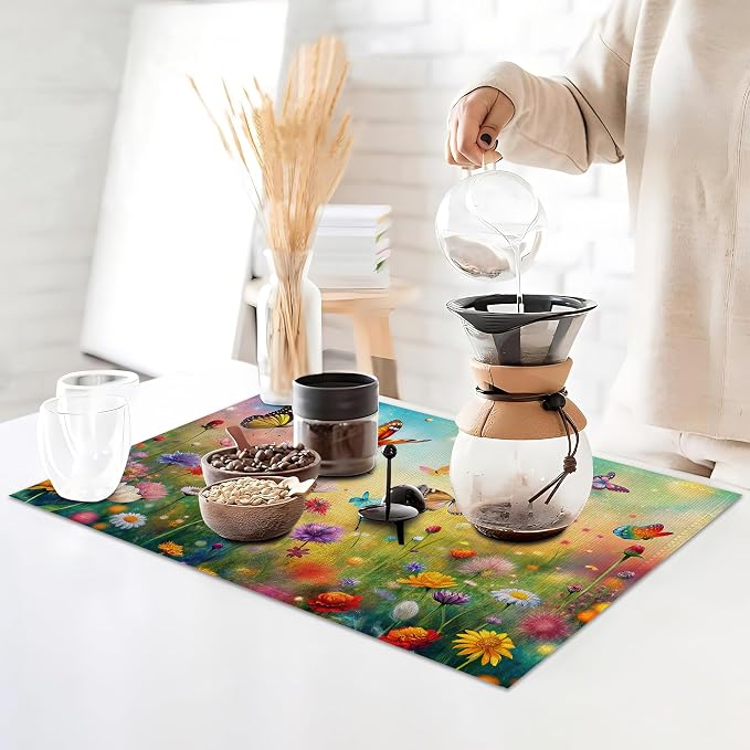 Placemats Set of 6, Colorful Butterfly Table Mats, Flowers Washable Linen Table - Image 3