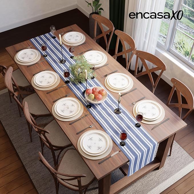 Encasa XO Cotton Dining Table Runner | Franca Blue Stripes | Size 13x48 in - Image 4