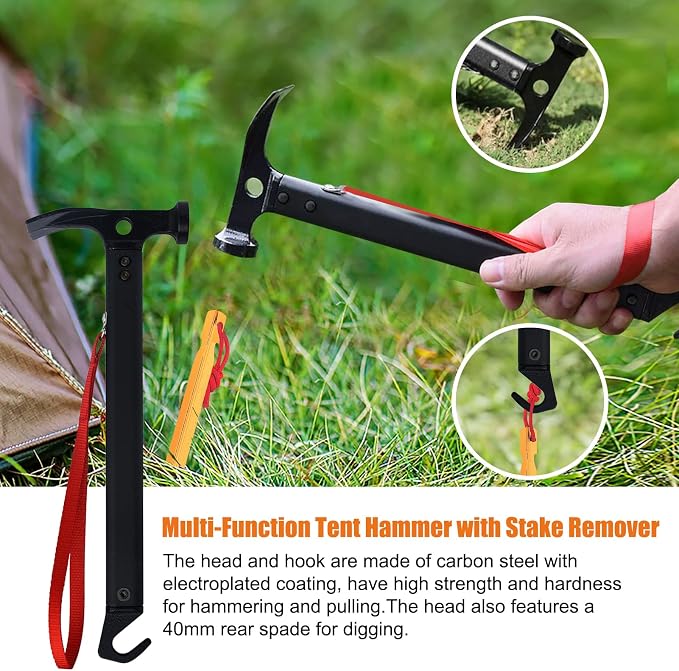 Eurmax USA Hiking Camping Tent Stakes and Hammer Set Lightweight Multi-Function - Image 2