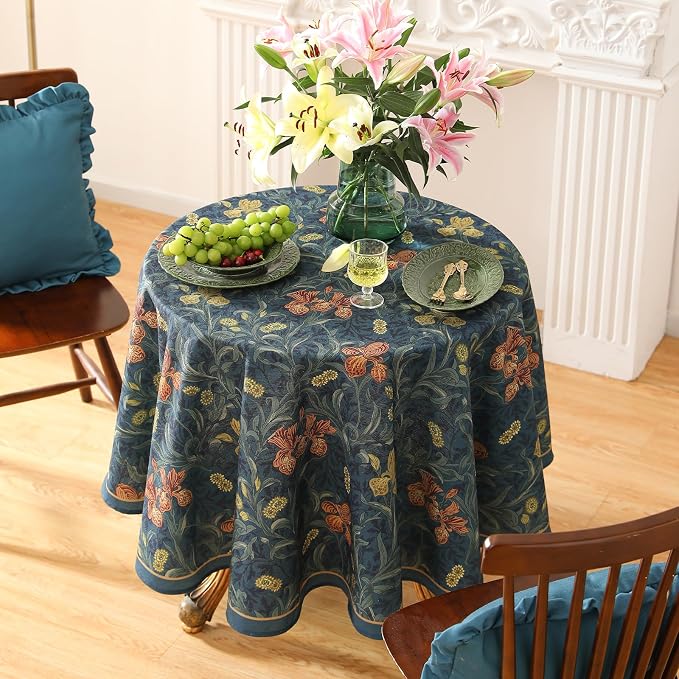 patdrea Designer Dark Blue Linen Round Tablecloth, Vintage French Rustic Floral - Image 5