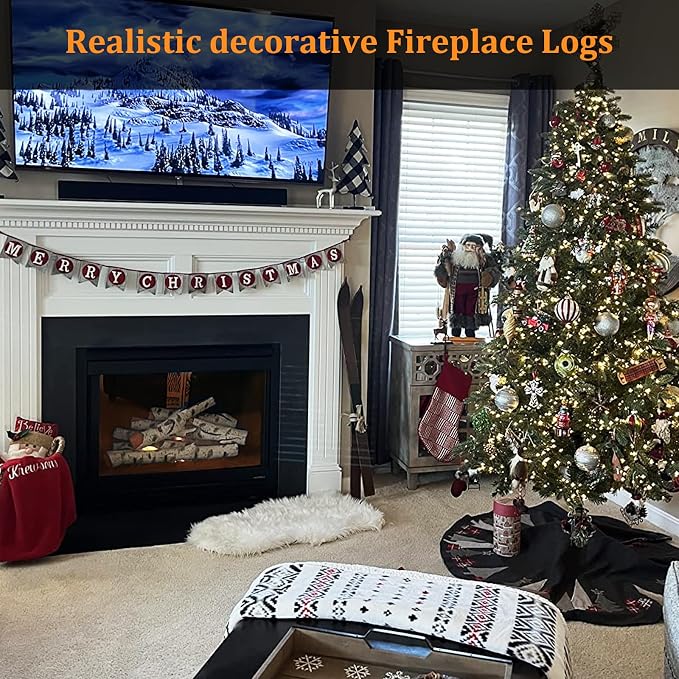 Gas Fireplace Logs, Birch Logs 7pcs Fake Fireplace Insert, Faux Ceramic White - Image 2