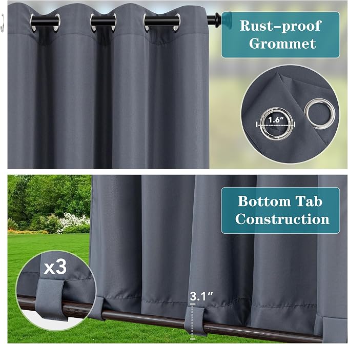 HolidayIdeas Patio Curtains Outdoor Waterproof 4 Panels 54x95 Inch-Windproof - Image 2