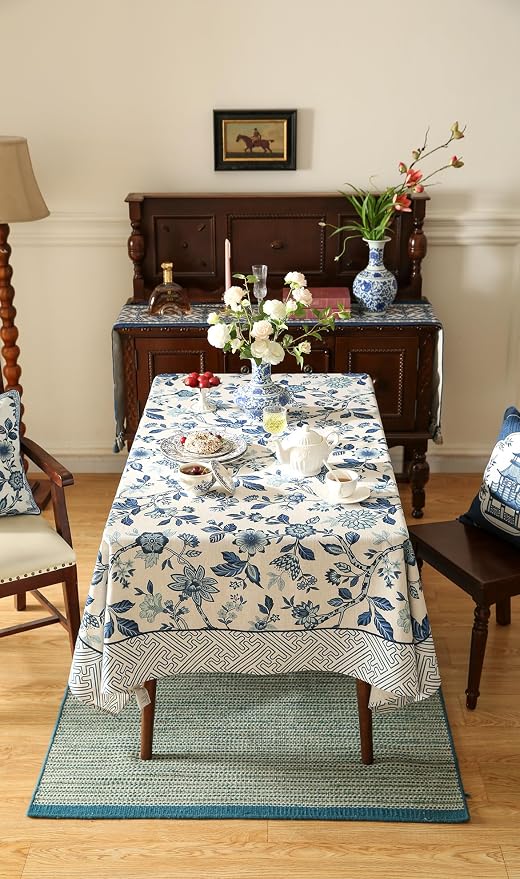 Vintage Blue and White Extra Long Rectangle Tablecloth, French Linen Floral - Image 3