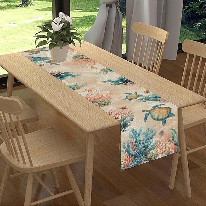 Retro Sea Turtle Table Runner, Nautical Starfish Underwater Coral Seashell - Image 2