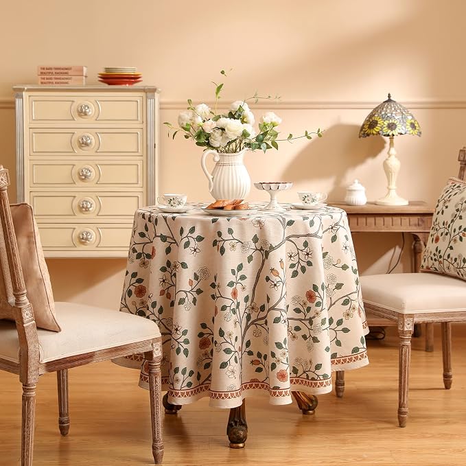 ISAENNE Designer Floral Round Tablecloth, French Linen Light Beige Indoor Table - Image 2
