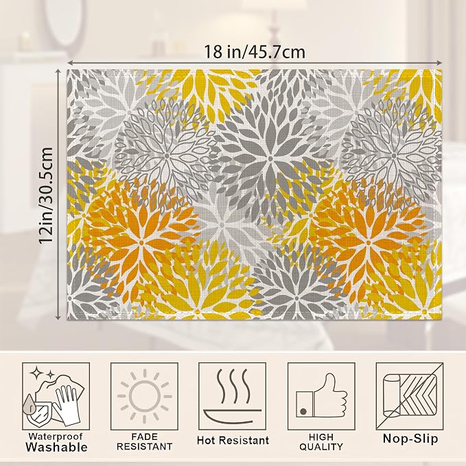 Abstract Yellow Gray Dahlia Flower Placemats Set of 6, Elegant Vinyl Place Mats - Image 2