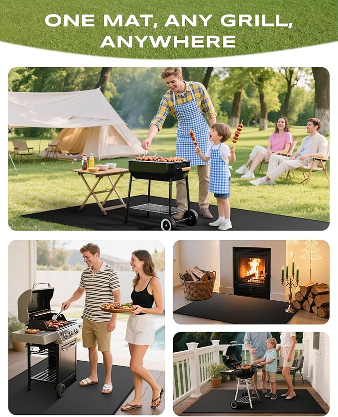 Under Grill Mat, 60 x 40 Inch Black Fiberglass Silicone-Coated Pad