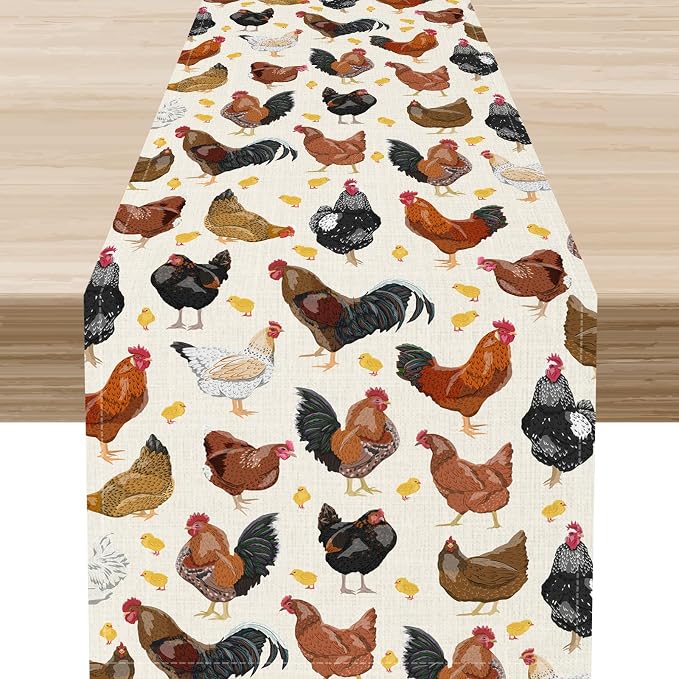 Farmhouse Rooster Table Runner, Rustic Farm Animals Cow Pig Chicken Coffee by Unknown