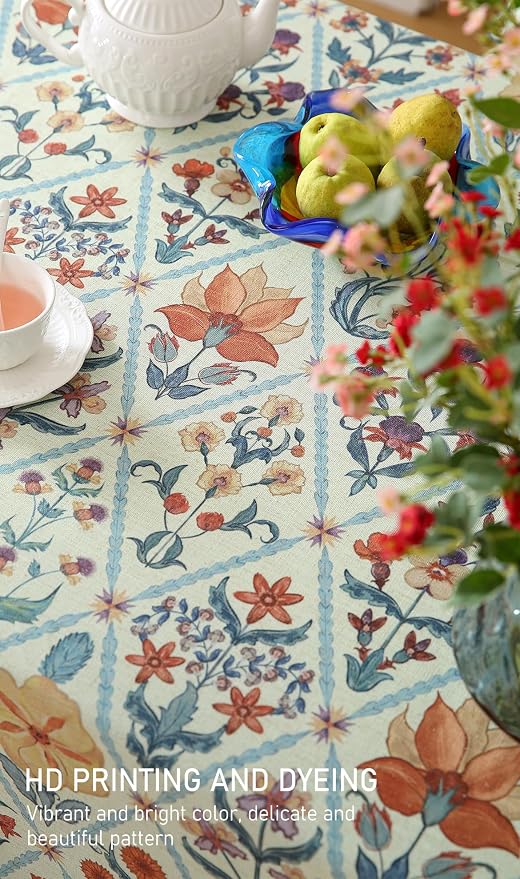 ISAENNE Designer Linen Elegant Long Rectangle Table Cloth, Colorful Floral - Image 4
