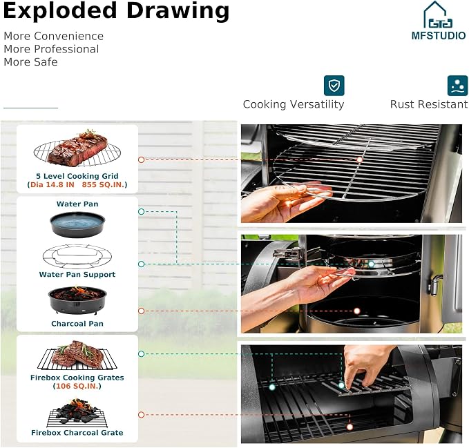 MFSTUDIO Vertical Offset Smoker Charcoal Grill, Extra Large BBQ Barrel Grills - Image 3