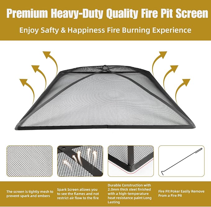 WeCooper 32Inch Heavy Duty Fire Pit Spark Screen Cover, Steel Mesh Square - Image 5