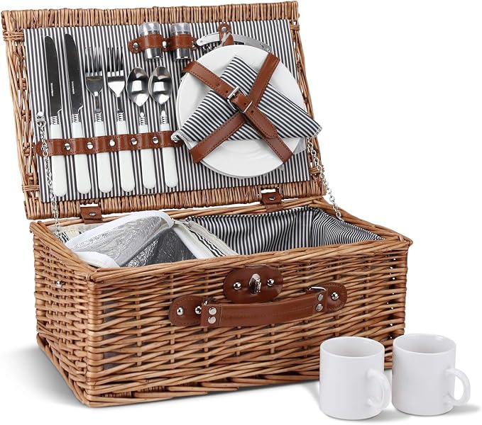 Picnic Basket for 2, Willow Hamper Set by ZORMY