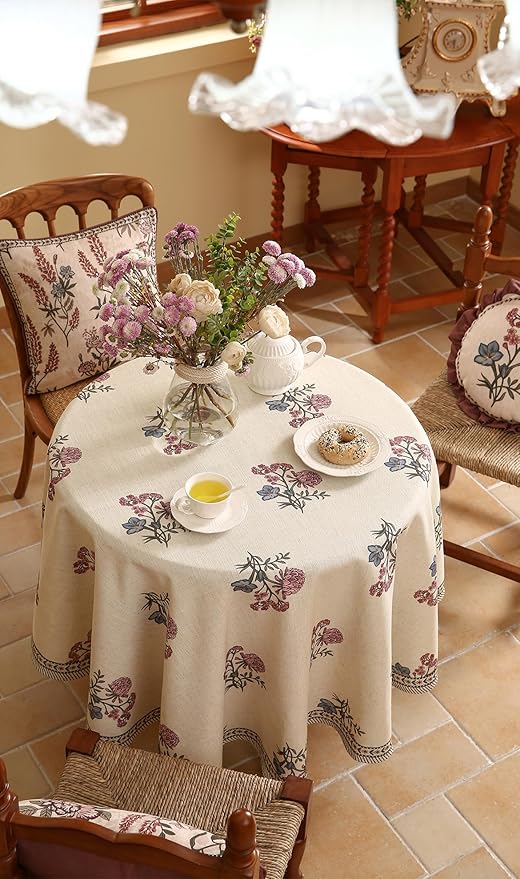 ISAENNE Designer Linen Light Beige Round Tablecloth, French Colorful Floral - Image 9