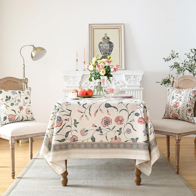 ISAENNE Designer Chinoiserie Linen Floral Small Rectangular Tablecloth - Image 3