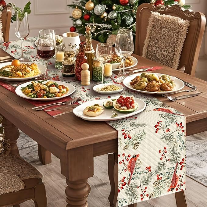 Christmas Bird Burlap Table Runner Seasonal Spring Fall Kitchen Dining Linen - Image 3