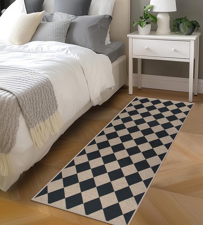 Easy Jute Checkered Runner Rug, 2x6 Black Modern Washable Rugs Runner - Image 7