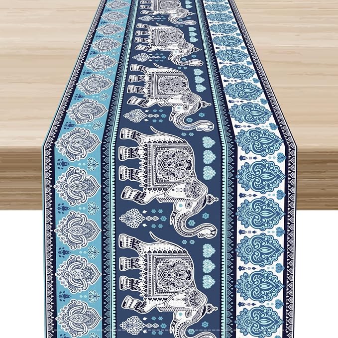 Boho Elephant Table Runner, Rustic African Tribe Animal Diwali India Damask by Unknown