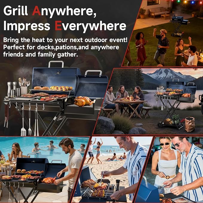 Portable Charcoal Grill with Smoking Function, Foldable Suitcase Design with - Image 5