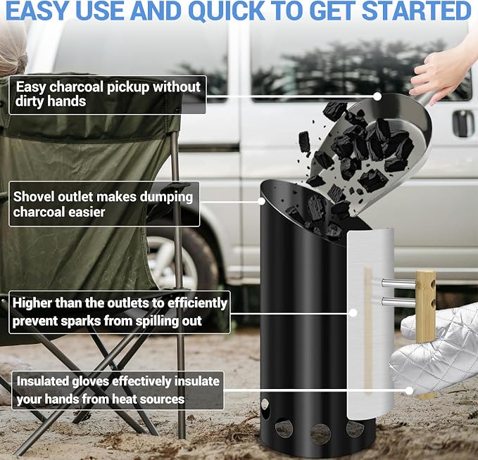Charcoal Chimney Starter with Insulation Gloves and Briquet Shovel Set - Image 5
