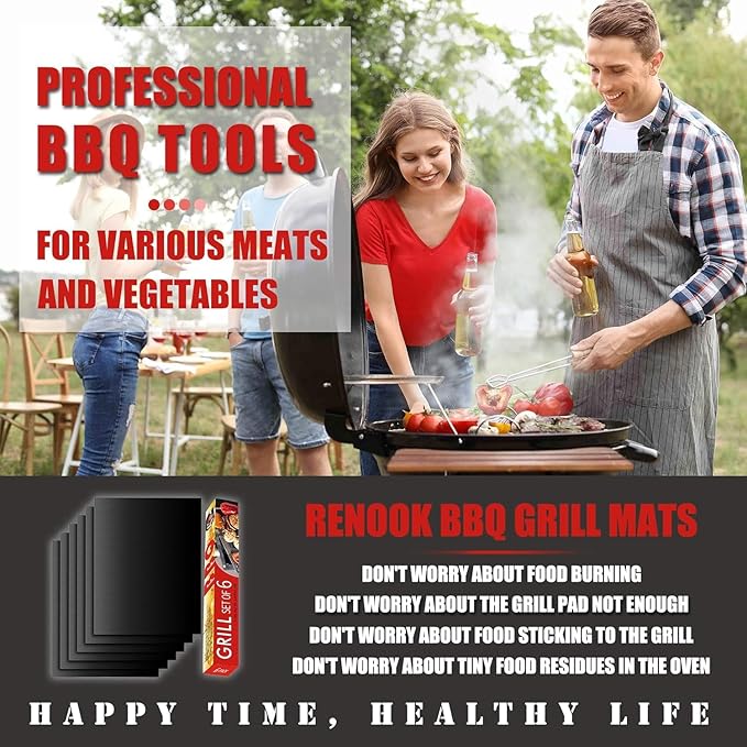 Grill Mats Set of 6, Non-Stick Reusable Black Fiberglass Pads