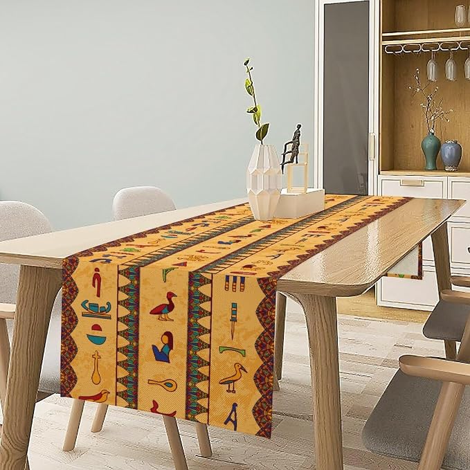 Egyptian Table Runner, Colorful Ancient Egyptian Hieroglyphs Floral Geometric - Image 3