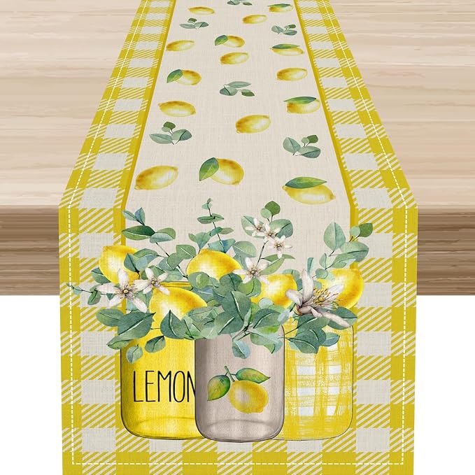 Lemon Table Runner, Farmhouse Yellow Buffalo Plaid Seasonal Summer Spring by Unknown