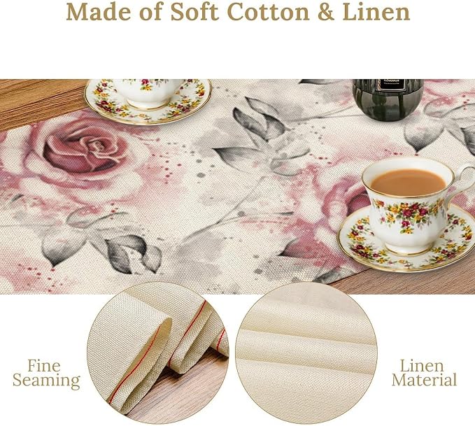 Pink Rose Floral Table Runner, Abstract Watercolor Flower Pattern Modern - Image 7