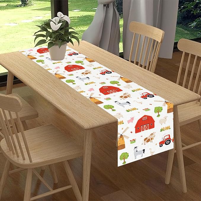 Farm Animals Table Runner, Rustic Farmhouse Cow Pig Rooster Watercolor Coffee - Image 2
